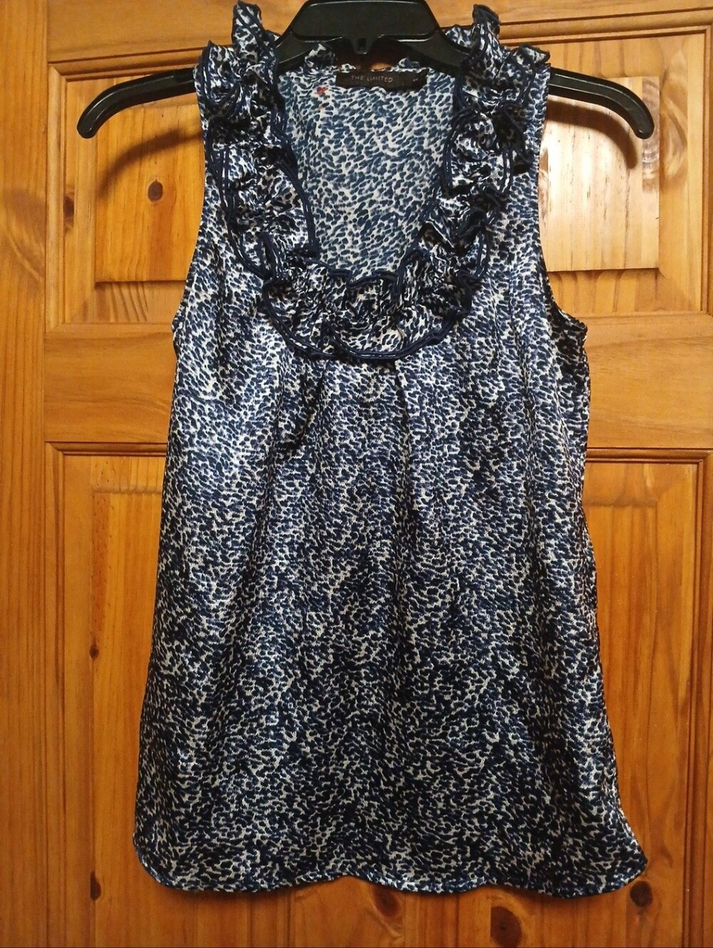 The Limited Navy and White Ruffle Neck Sleeveless Top